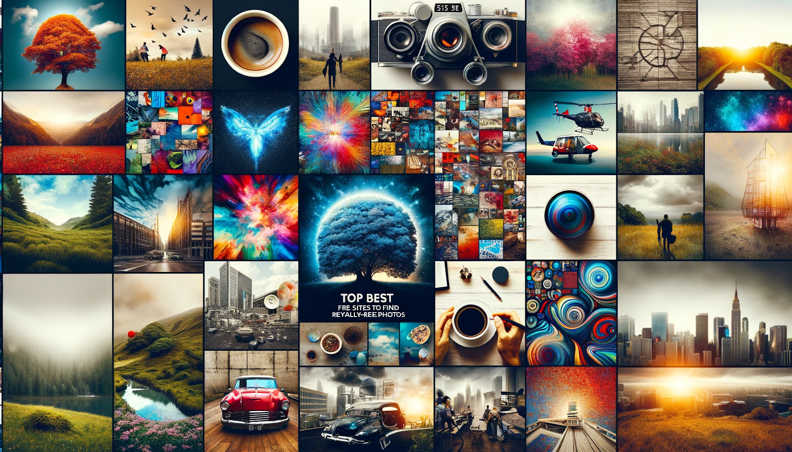 Top 5 des meilleures banques d'images. illustration réalisée par l'IA pour représenter un article du blog de HeySimon à propos des meilleures sources pour trouver des images et photographies libres de droits.