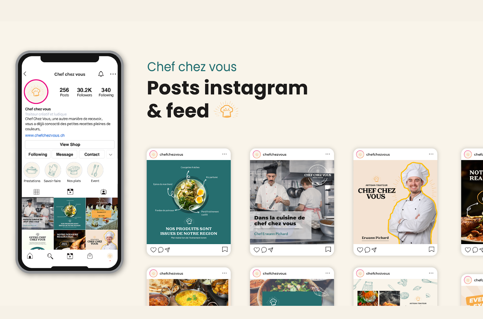 Feed instagram d'un traiteur réalisé par Heysimon, leader de la création graphique par abonnement en France pour illustrer l'importance de bien faire vivre sa marque à travers la création de contenus
