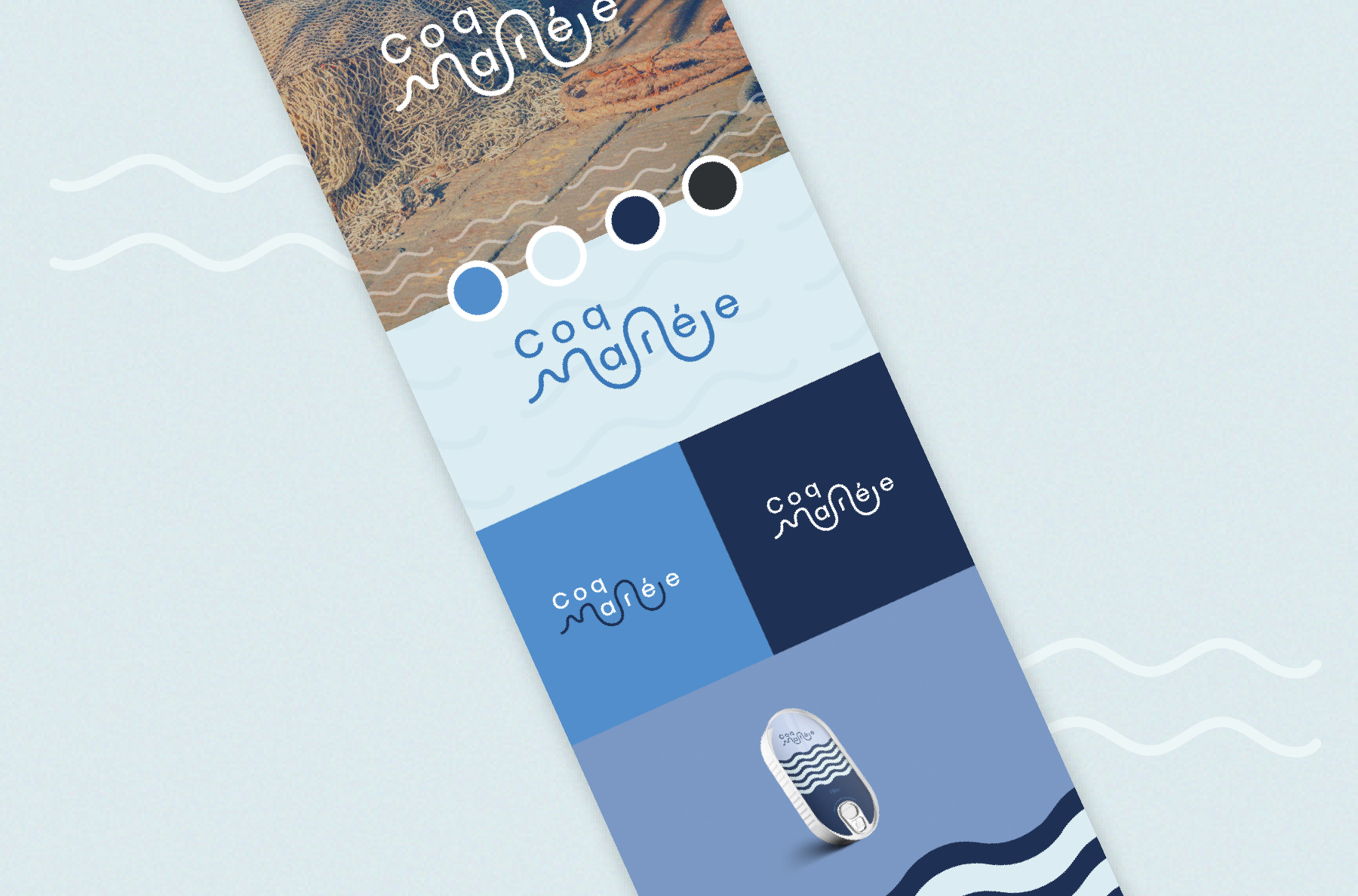 Planche Brandbood ou BrandFeel, Charte graphique de la marque Coq Marée. Logo et Branding réalisé par Simon, la solution Française leader de graphisme par abonnement mensuel. Choisissez un forfait graphisme illimité à prix fixe mensuel et sans engagement pour externaliser l'intégralité de vos créations graphiques