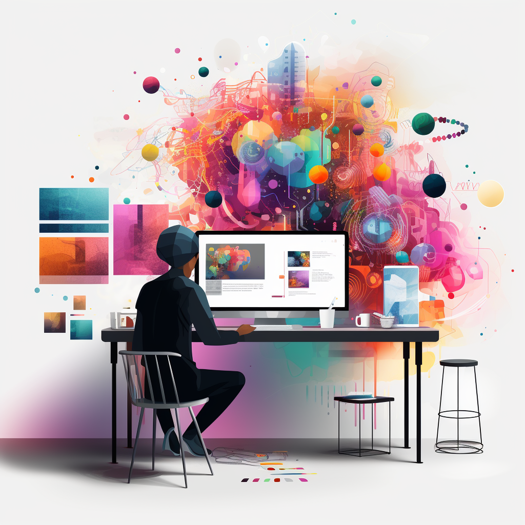 Illustration matricielle réalisée avec MidJourney pour l'article de HeySimon qui parle du graphisme à l'ère de l'IA : l'intelligence artificielle peut-elle réellement remplacer les graphistes/le métier de graphiste ?