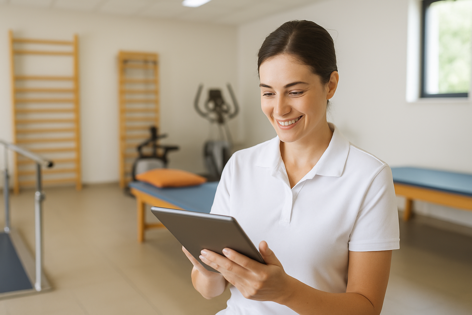 A female therapist in a white shirt set in a SNF rehab gym with a white shirt smiling at her tablet.