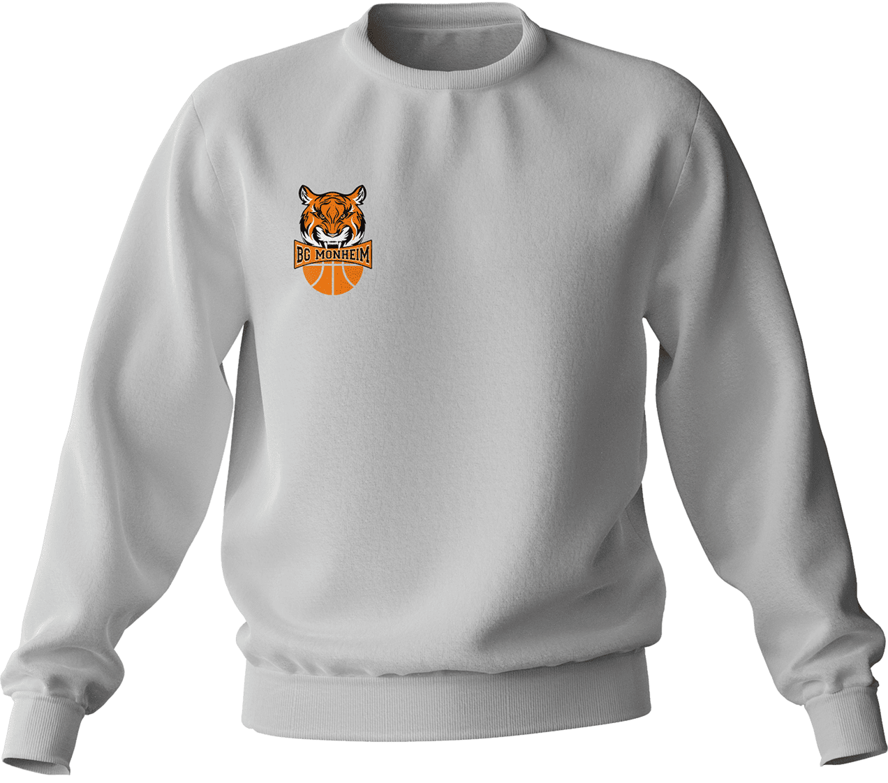 Weiß-grauer Pullover mit dem Logo der BG Monheim auf der rechten Seite der Brust.