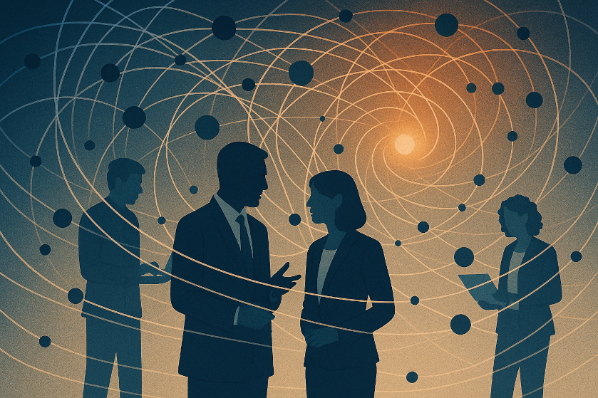 People chatting and working with an overlay of particles moving through the air