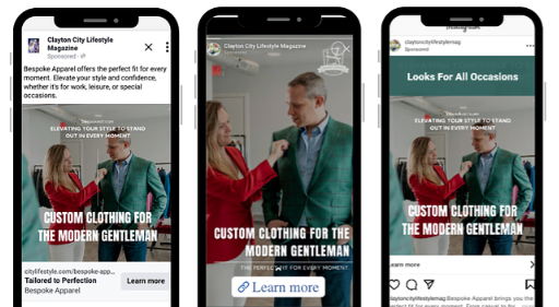 A local business social media ad on a phone next to its City Lifestyle print ad