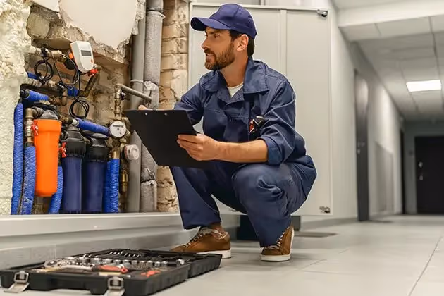 Technician in uniform inspecting plumbing system with clipboard and tools on the floor.