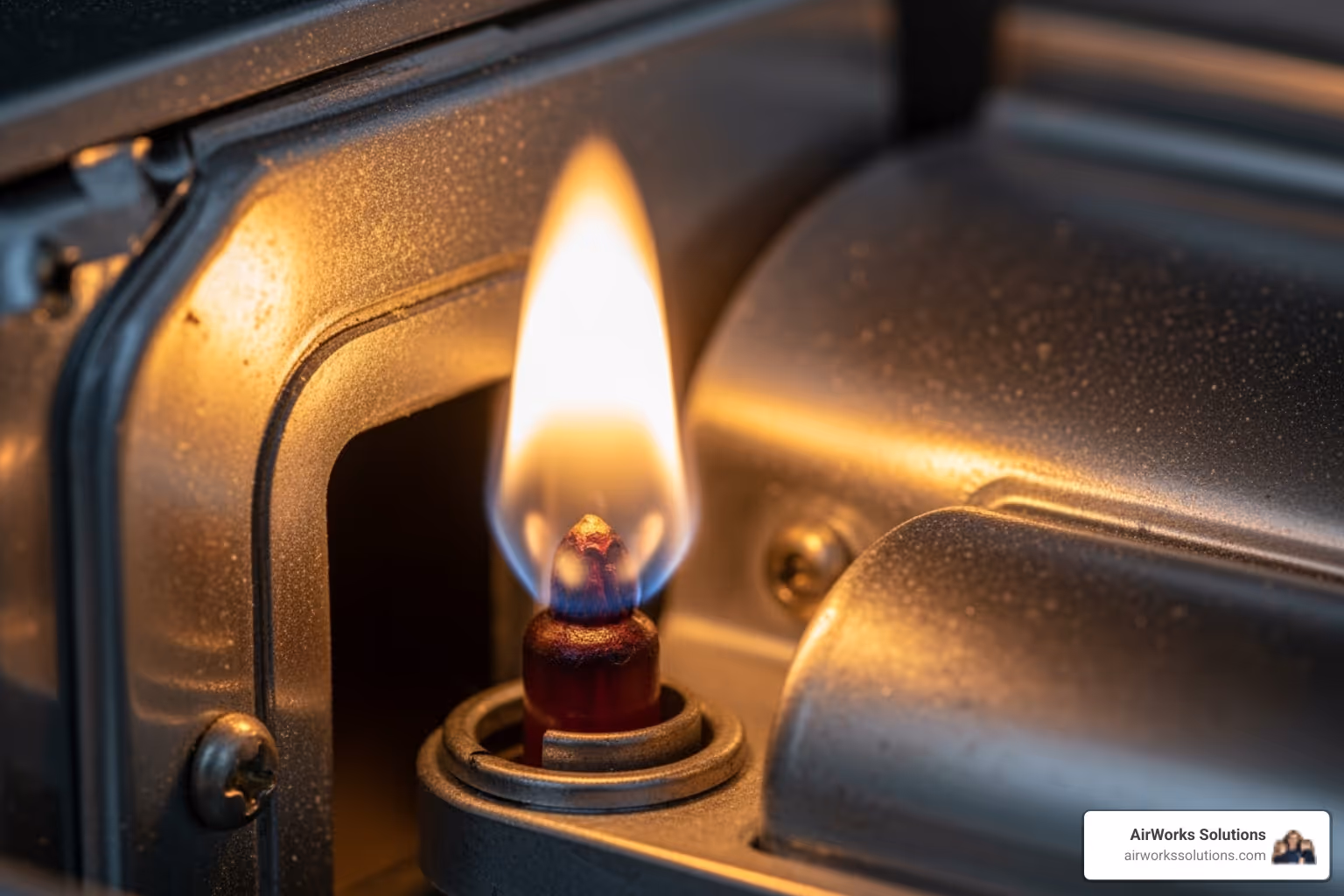 A close-up image of a furnace pilot light with a yellow, flickering flame, indicating a potential issue. - furnace repair roseville