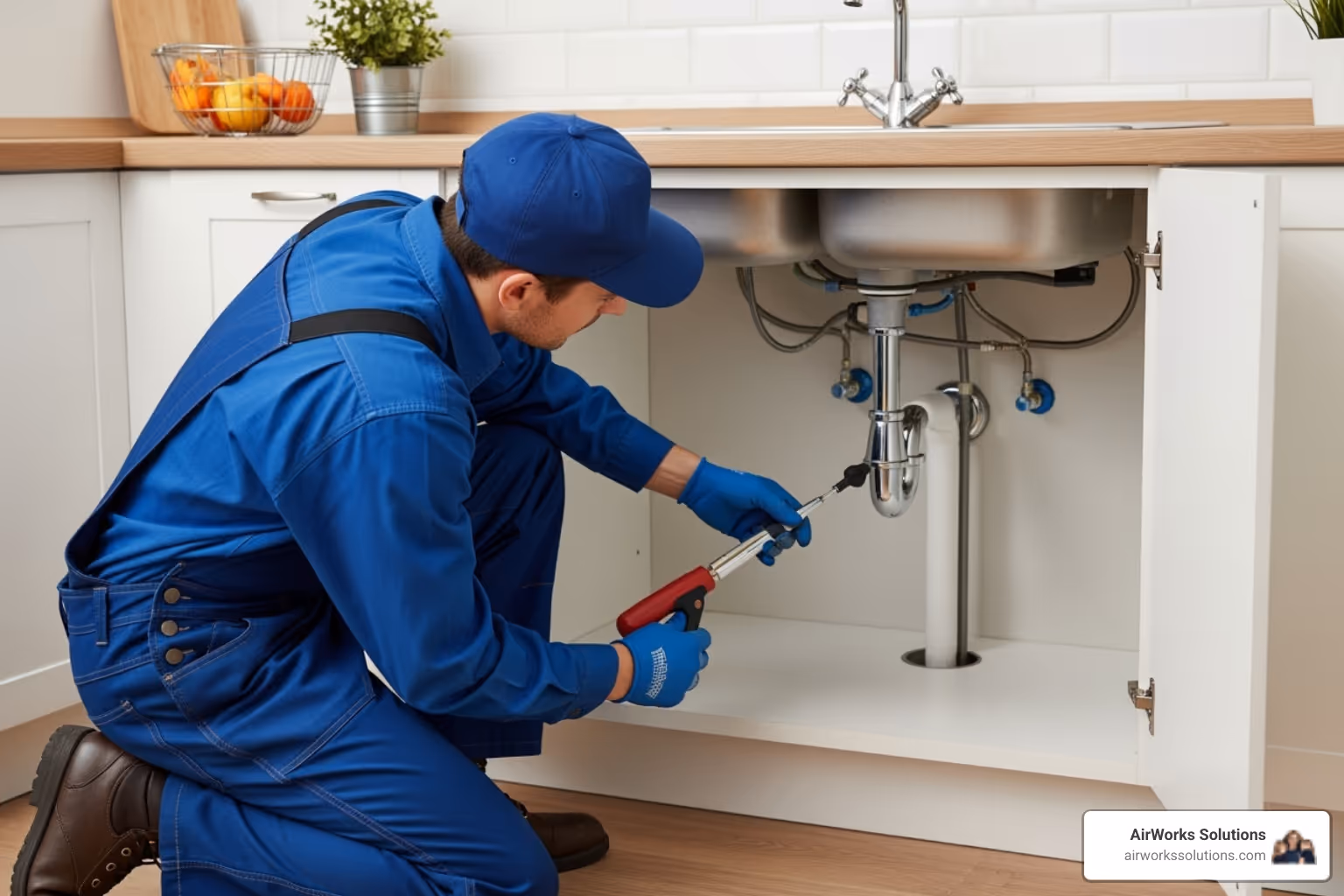 a plumber fixing a leak under a kitchen sink - plumbing roseville
