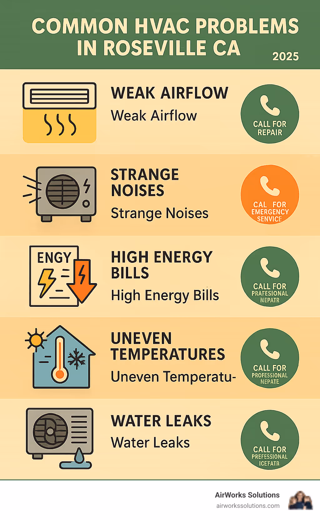 Comprehensive infographic showing common HVAC problems in Roseville CA including weak airflow, strange noises, high energy bills, uneven temperatures, and water leaks, with visual indicators of when to call for professional repair versus emergency service - hvac repair roseville ca infographic