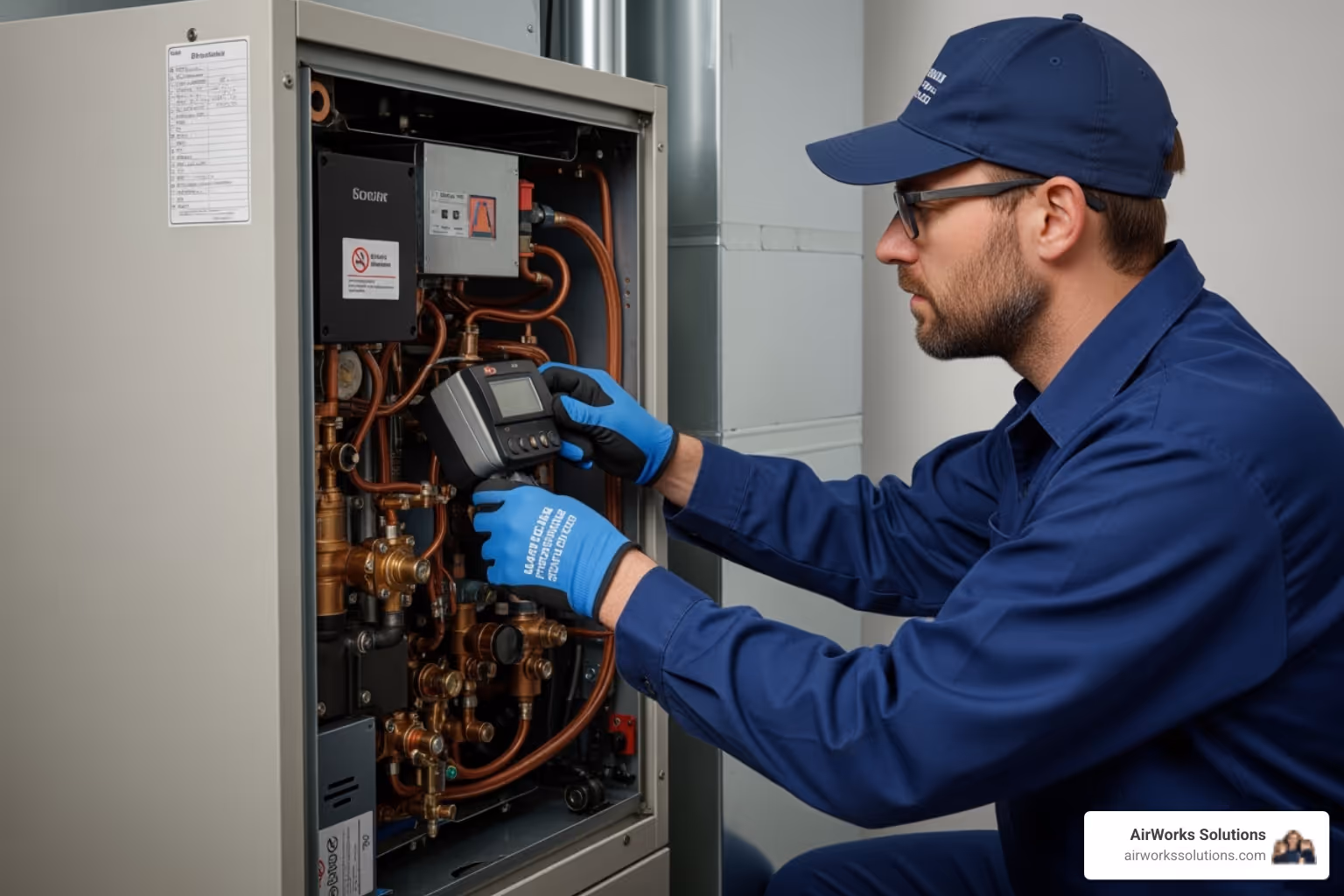 Technician inspecting the internal components of a furnace - hvac repair roseville ca