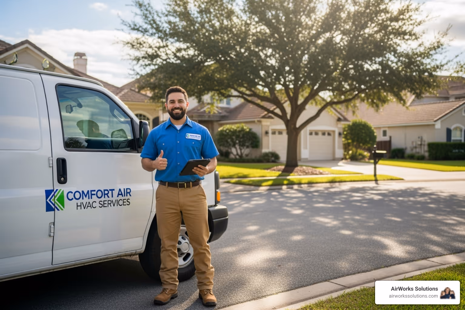 Friendly, uniformed HVAC technician with a van - hvac repair roseville ca