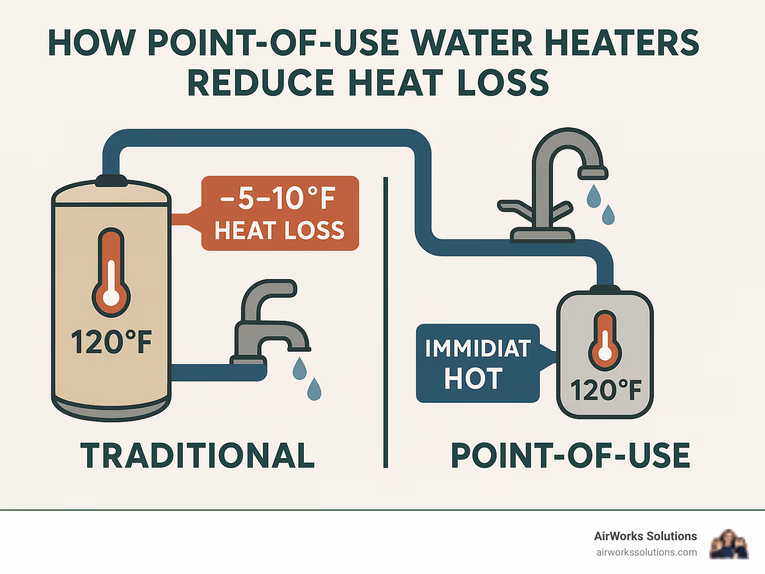 Infographic showing how point-of-use water heaters reduce heat loss by eliminating long pipe runs from main water heater to faucets, with temperature readings showing 5-10 degree heat loss in traditional systems versus immediate hot water delivery in point-of-use systems - 20 gallon electric water heater infographic