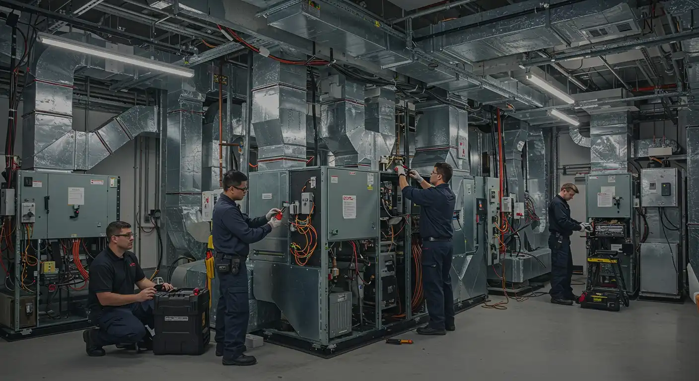 Group of technicians servicing commercial HVAC.