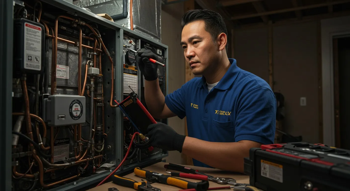 Technician performing diagnostic on furnace.