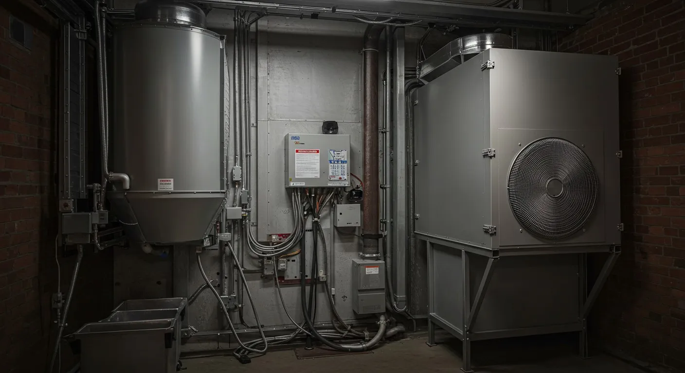 Indoor commercial HVAC unit and tank.