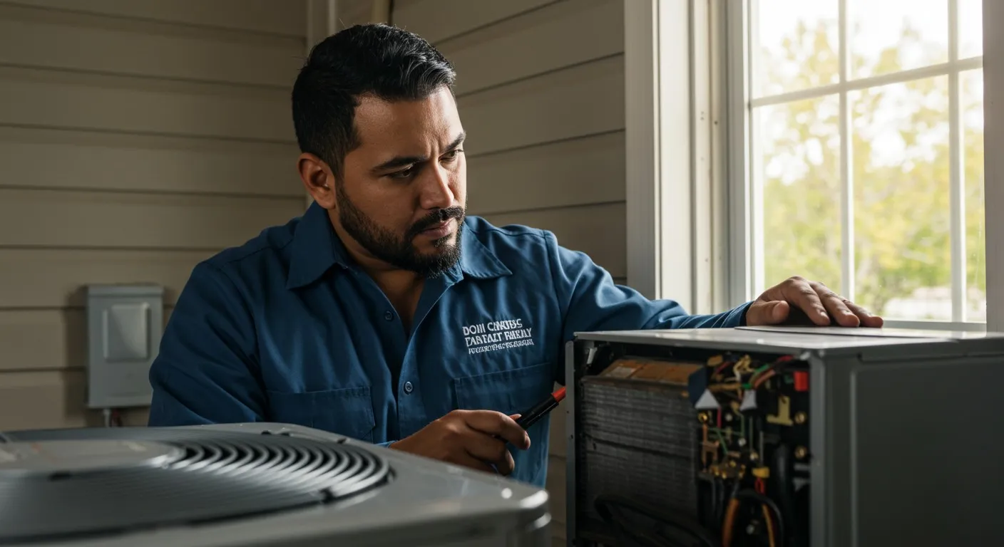 Technician servicing outdoor mini-split unit.