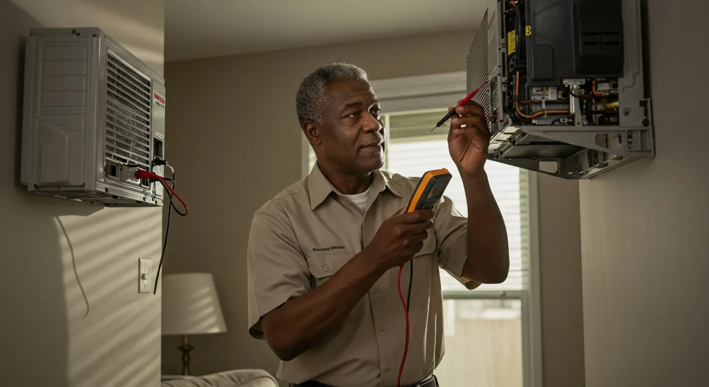 Man testing wall-mounted HVAC unit.