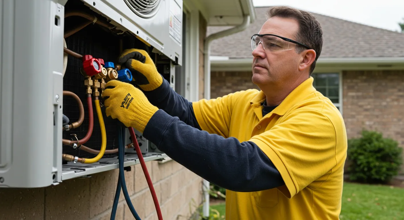 Man adjusts valves on AC unit.
