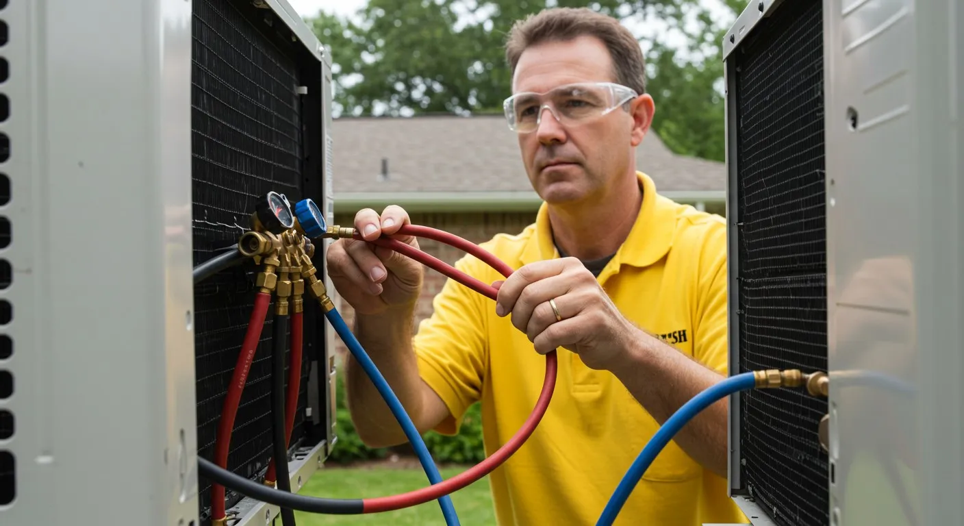 Man adjusts HVAC refrigerant line gauges.