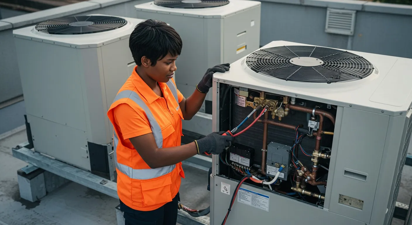 Female technician checking rooftop commercial HVAC unit.