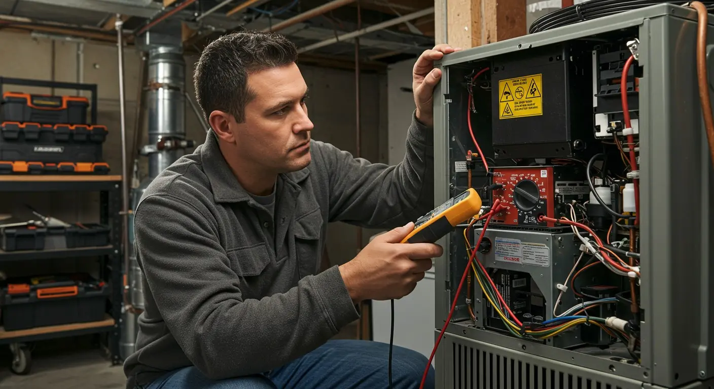 Man checks electrical connections in HVAC.
