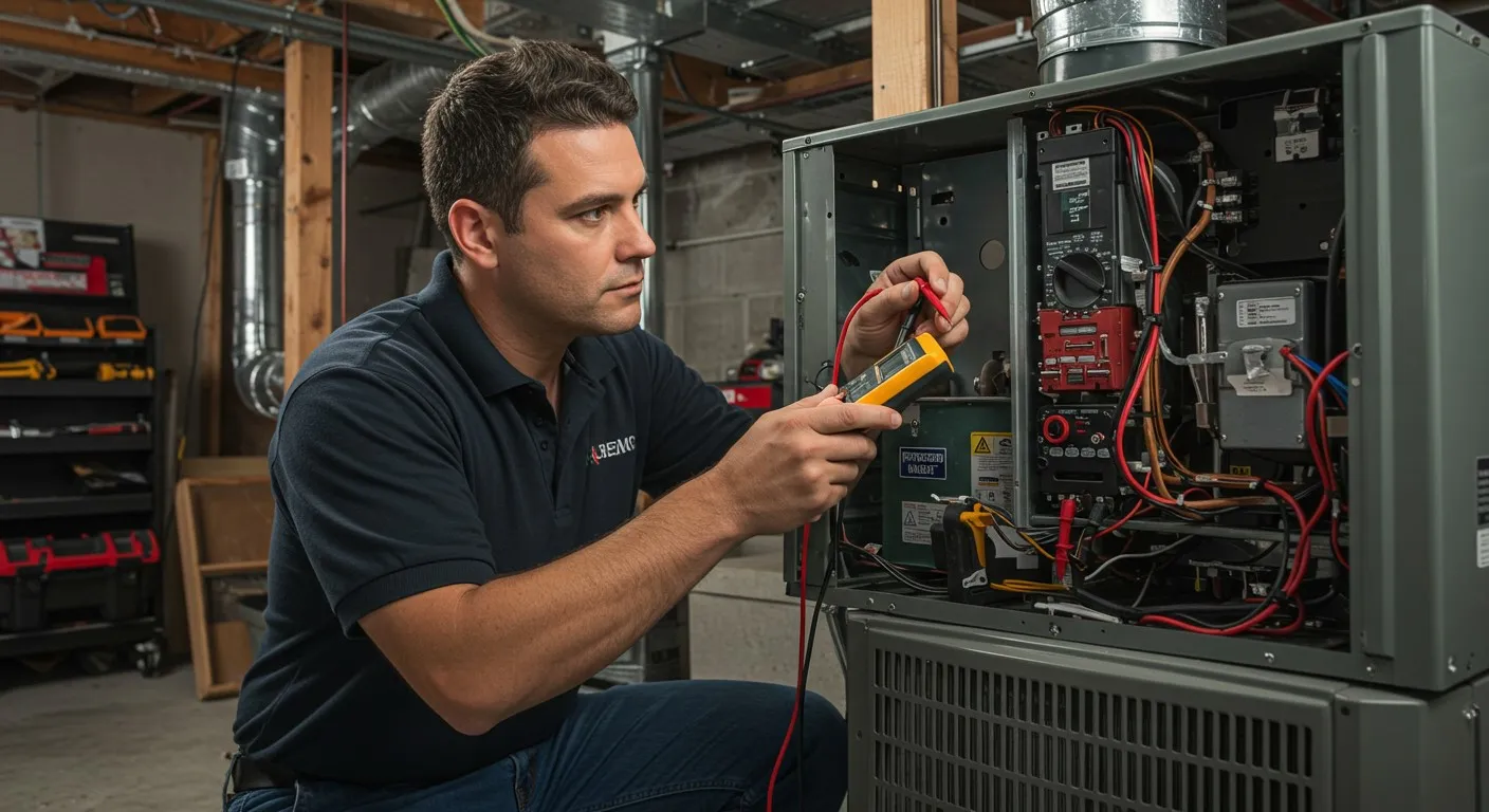 Man tests an HVAC electrical connection.