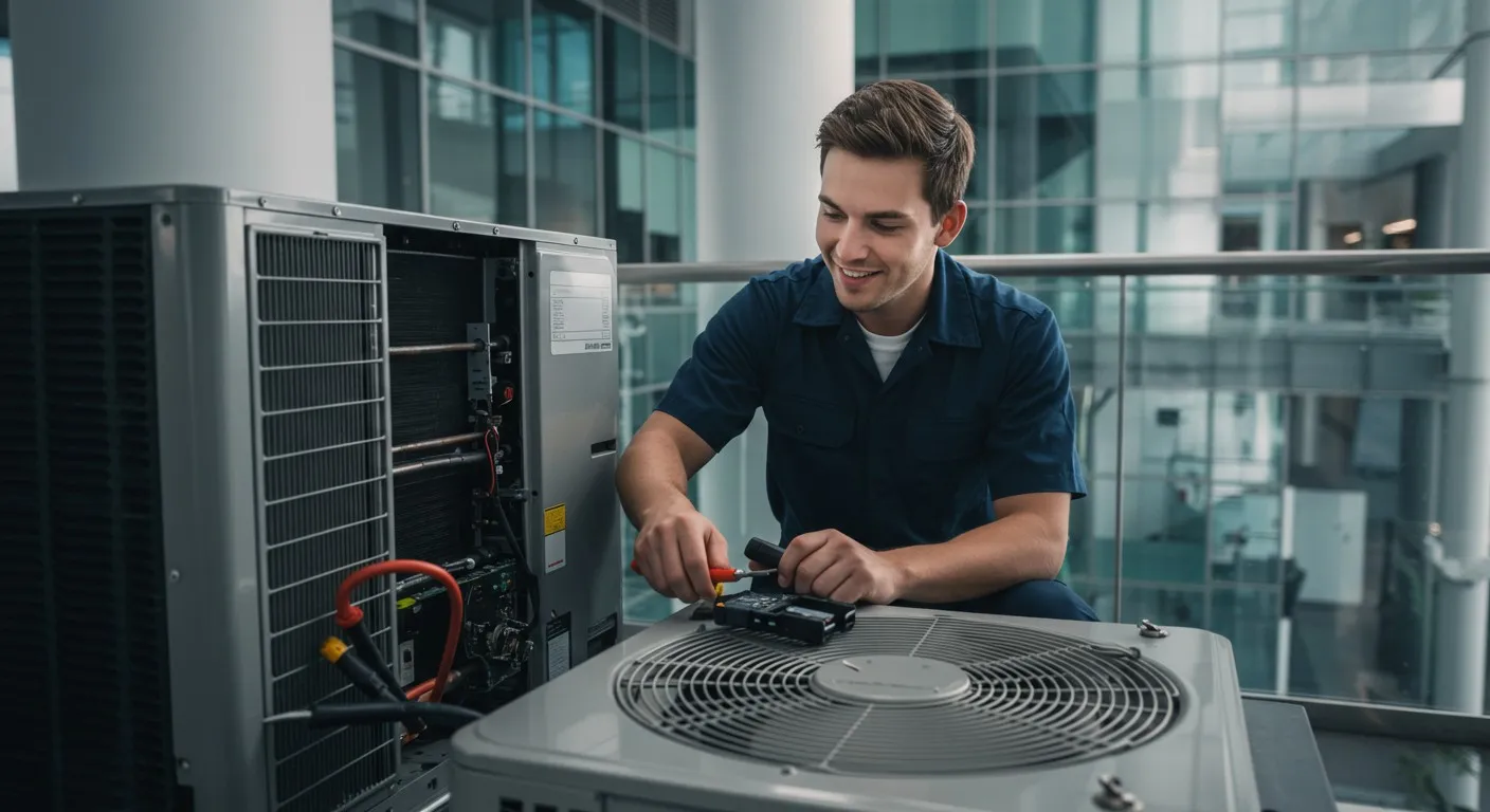 Man fixing a large AC unit.