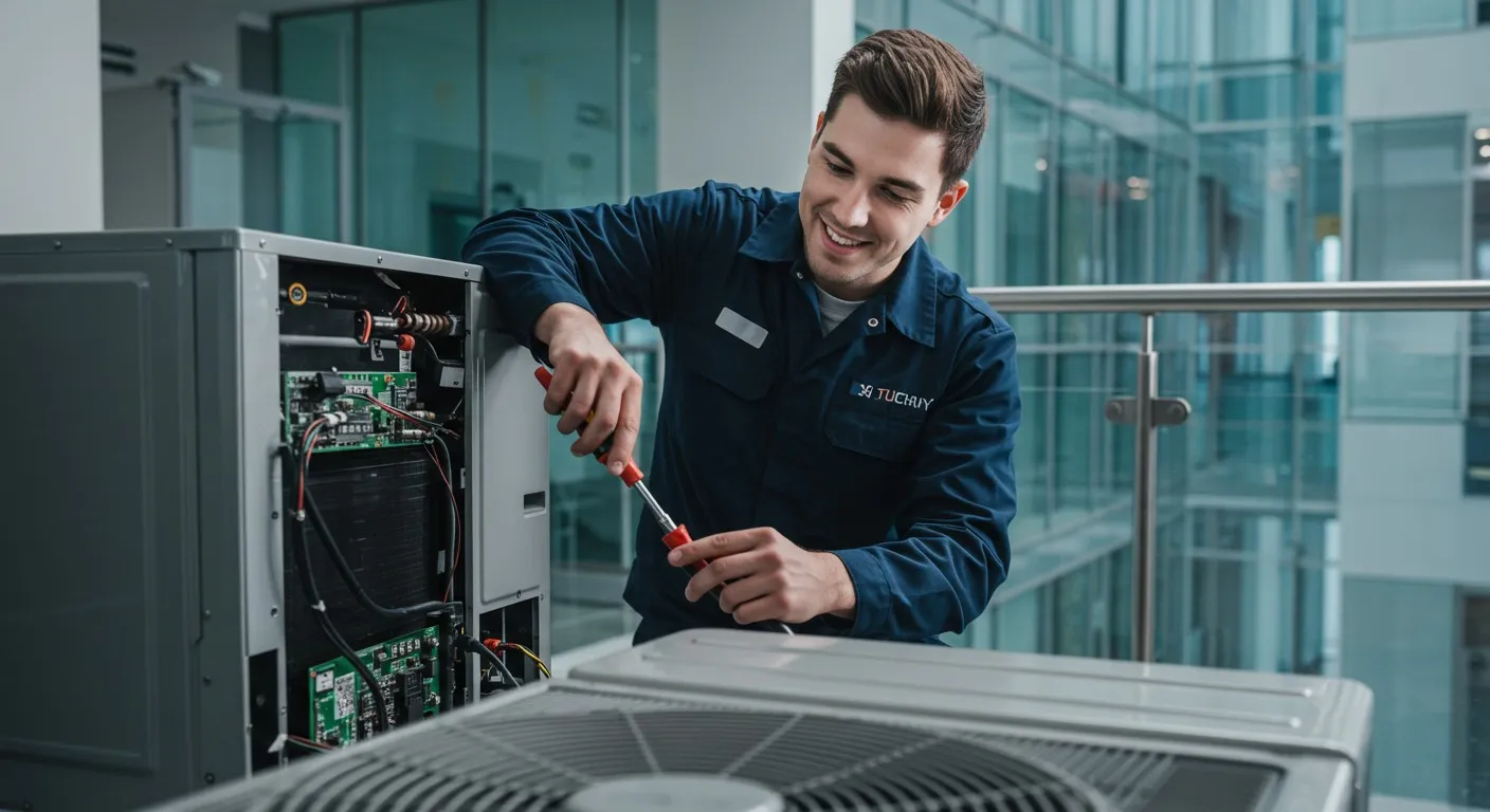 Man fixing a large AC unit.