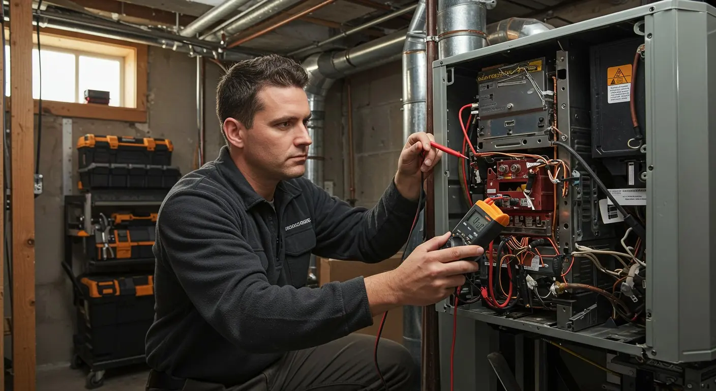 Man uses a multimeter on HVAC.