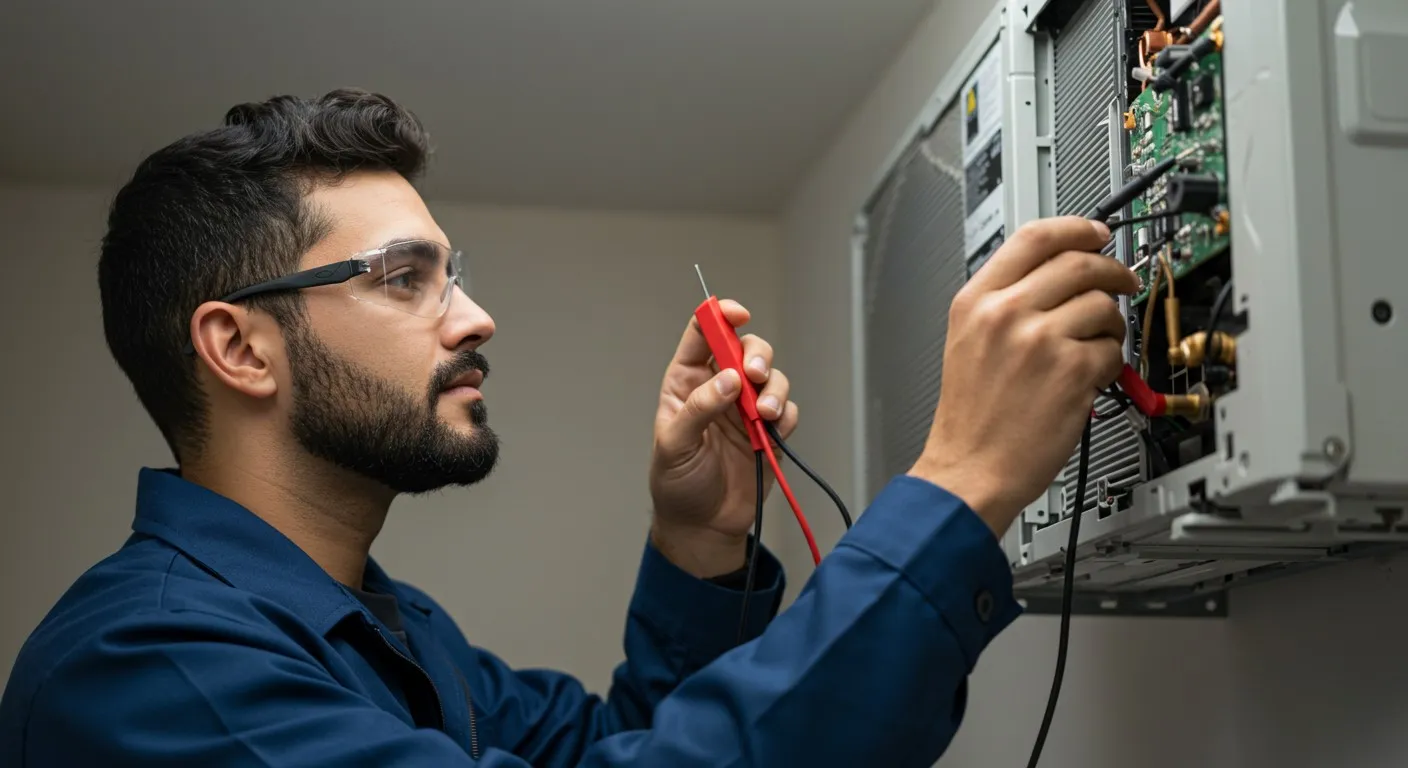 Man checks wiring in mini-split AC.