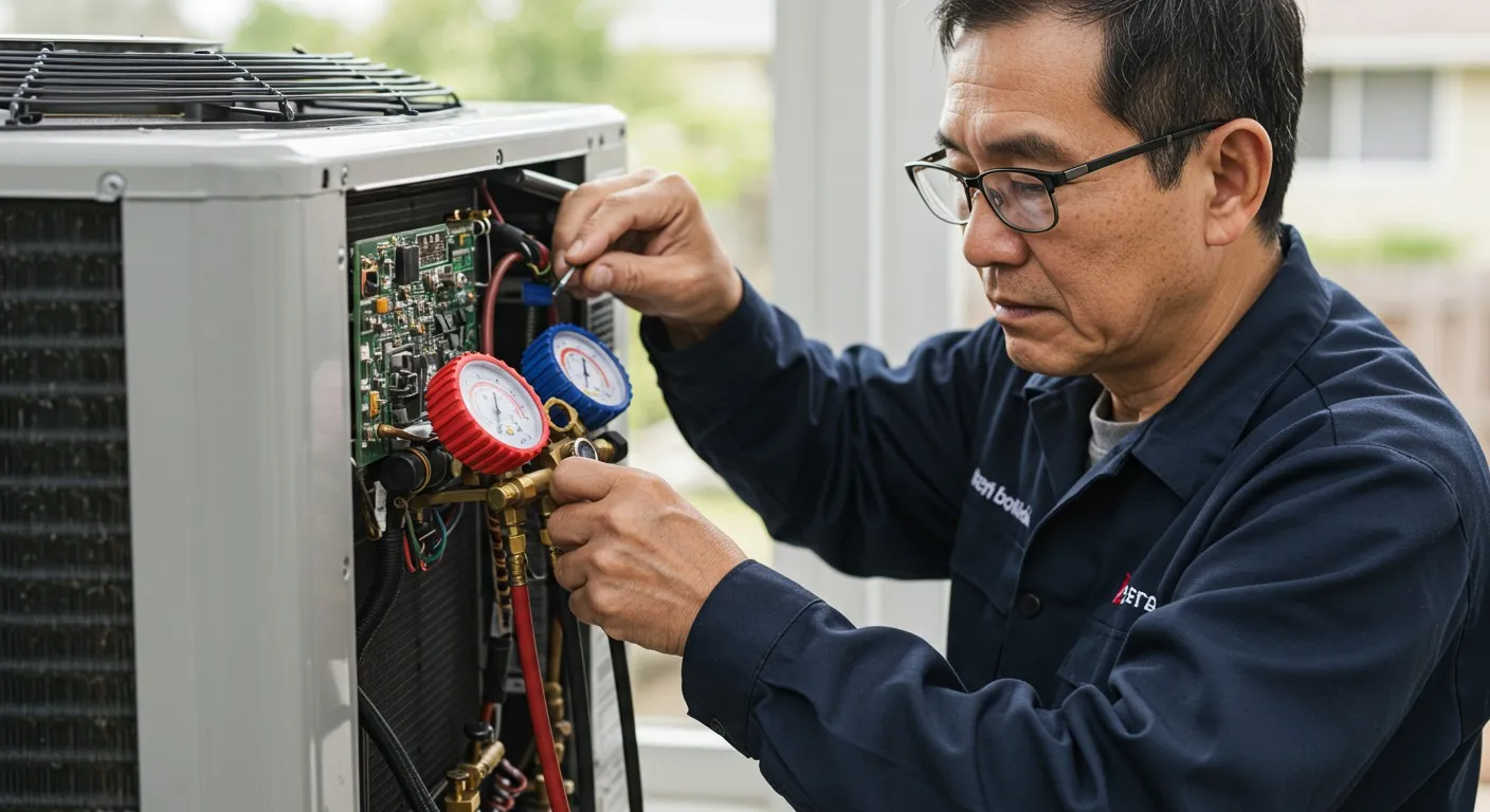 Man adjusts gauges on AC unit.