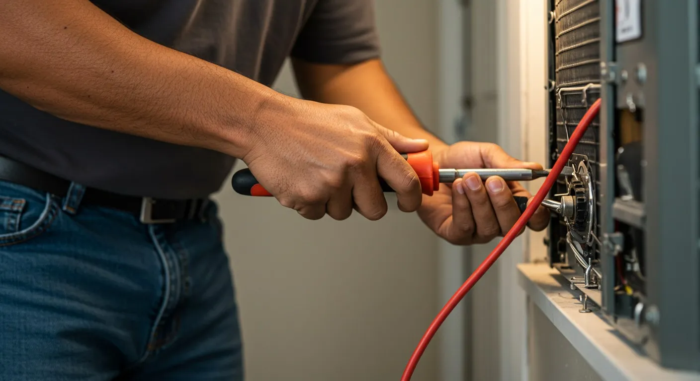 Man uses a screwdriver on AC unit.