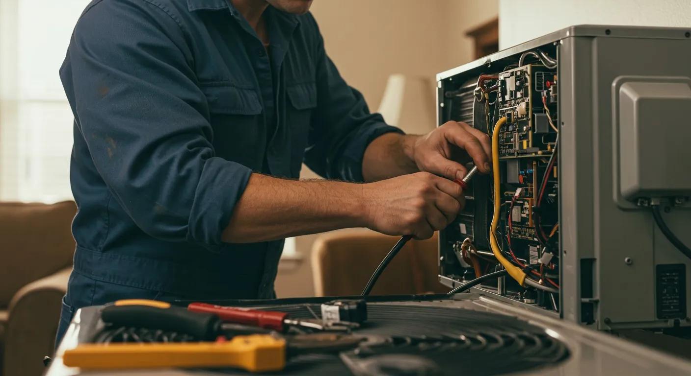 Man uses a screwdriver to fix an AC.