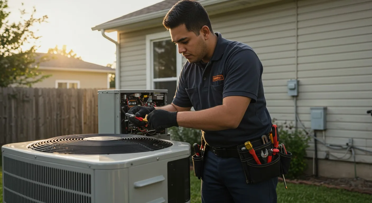 Man fixes outdoor AC unit.