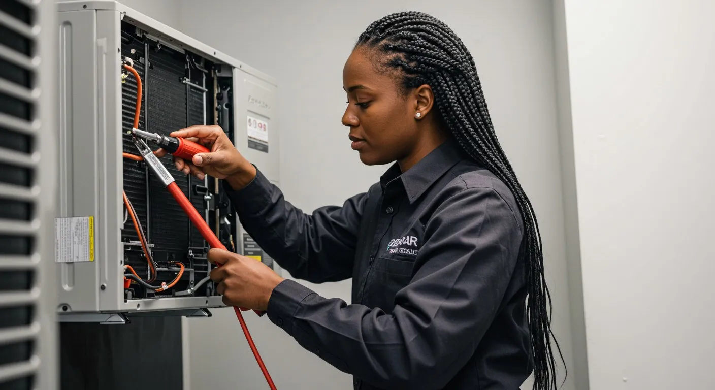 Woman fixing an indoor AC unit.