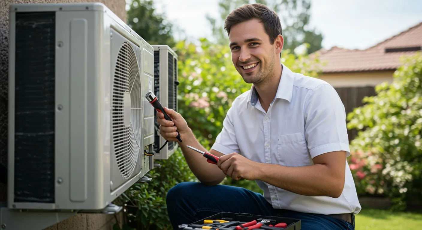 Man smiling while repairing mini-split AC.