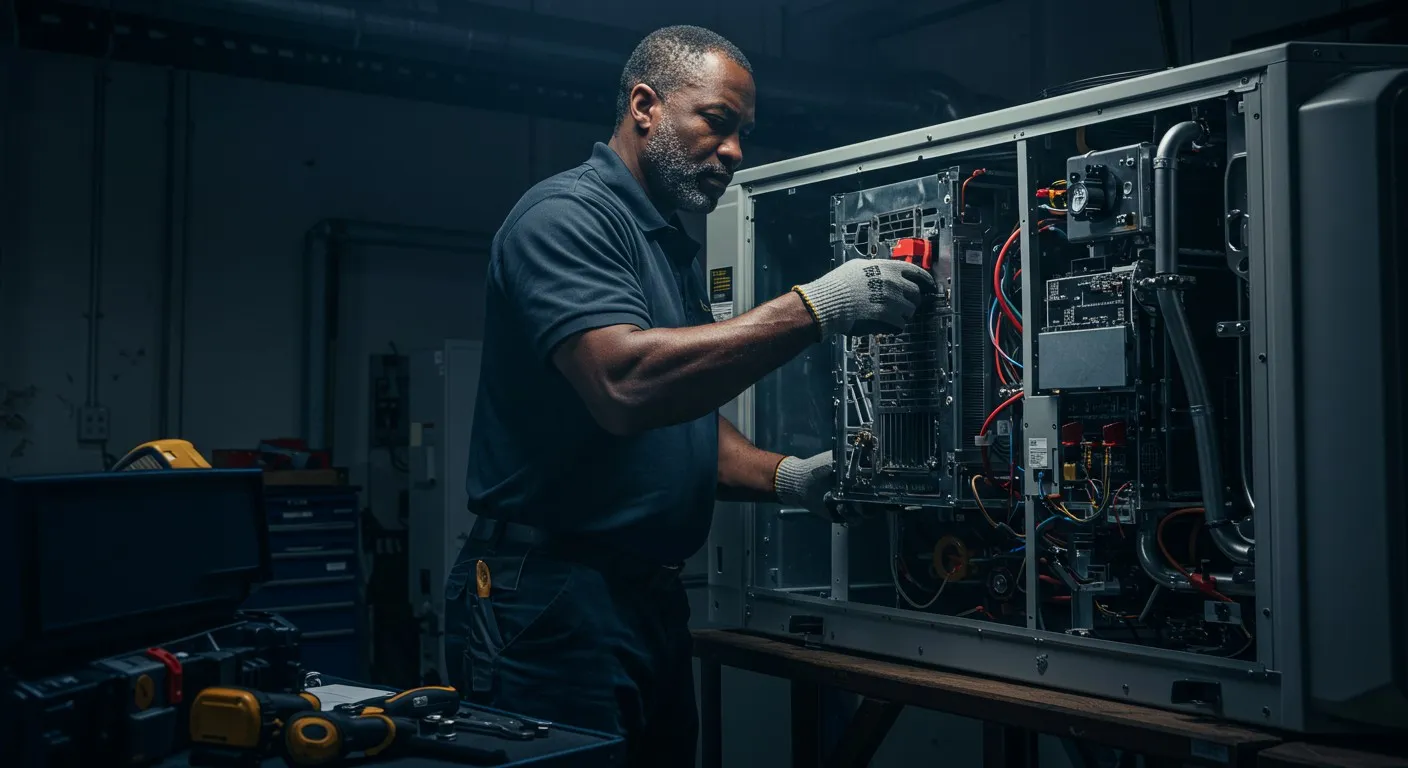 Man repairing large HVAC equipment indoors.