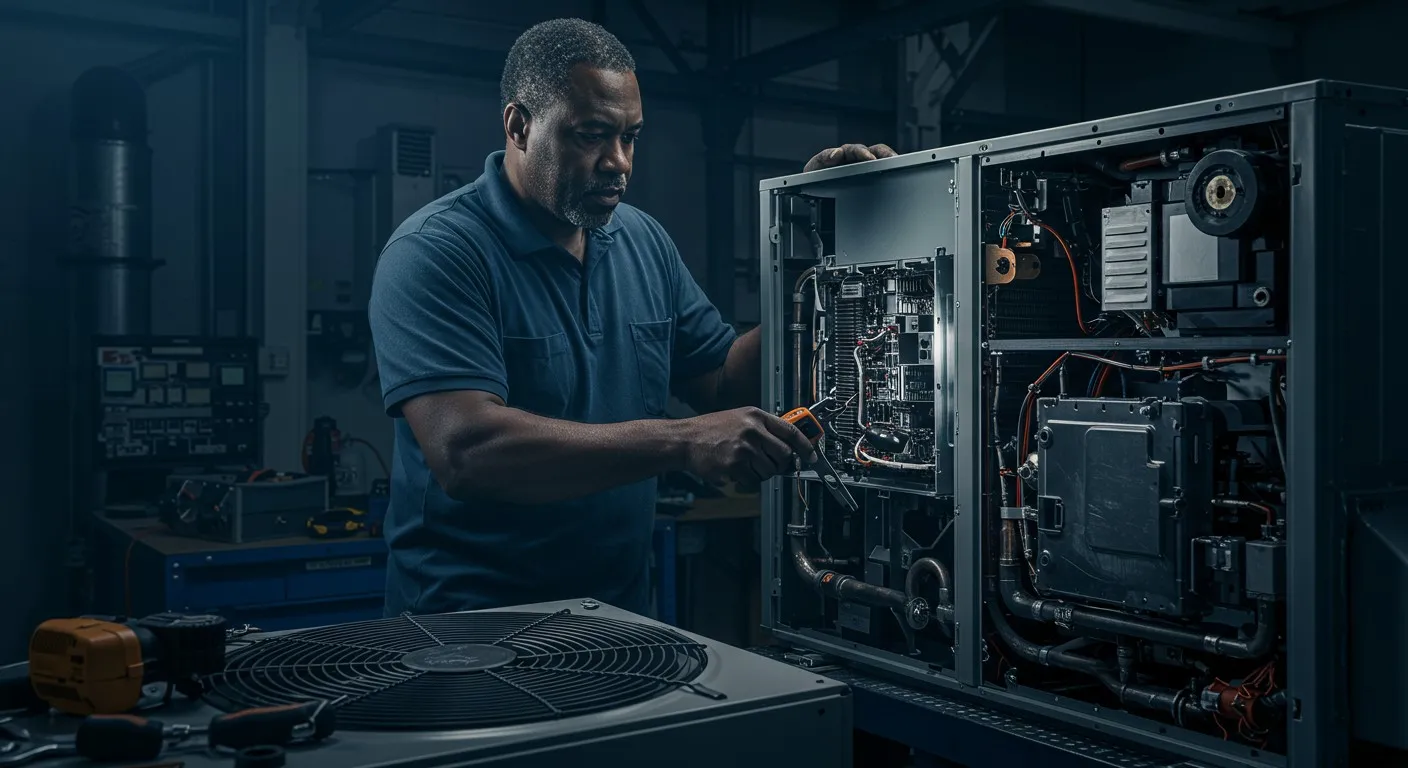 Man fixes large AC unit indoors.