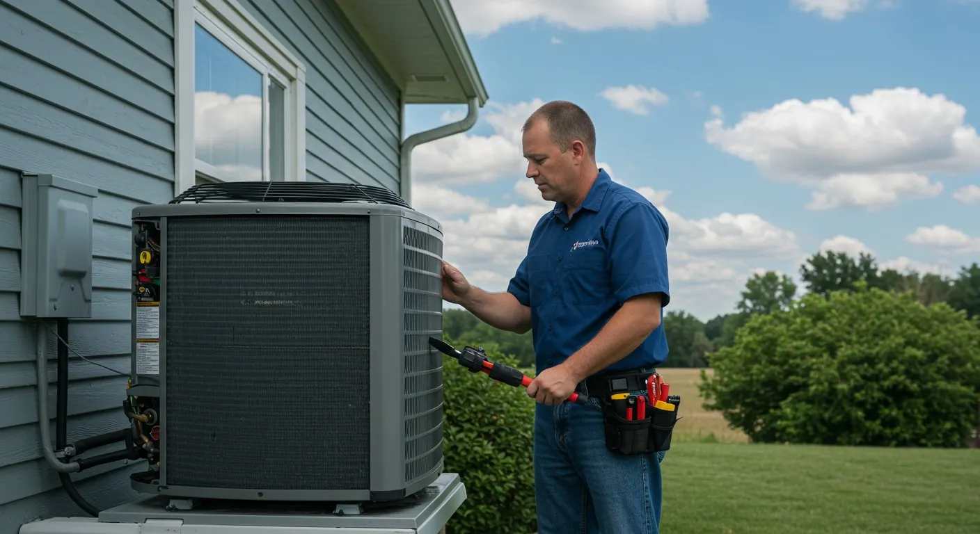 Man uses pliers on outdoor AC.