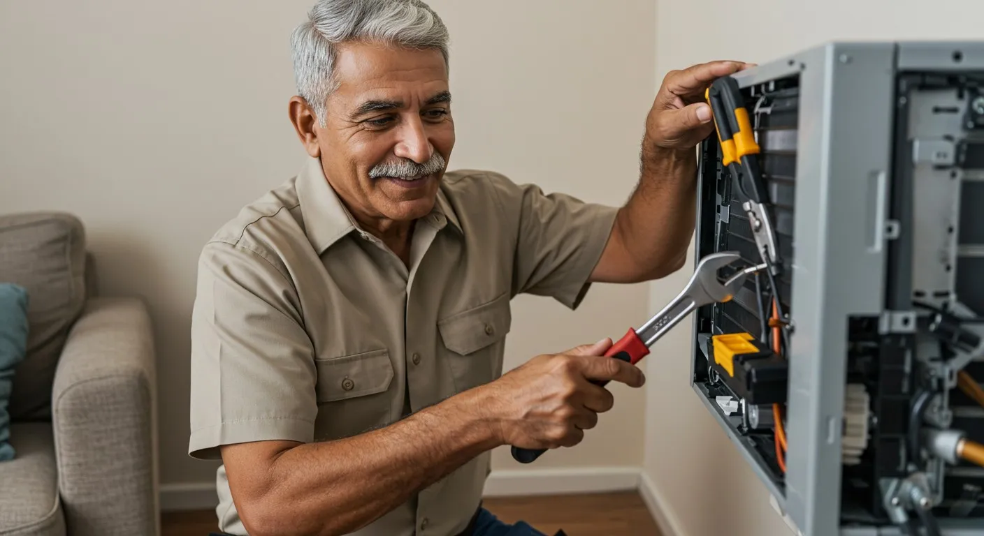 Man smiling while fixing an AC.
