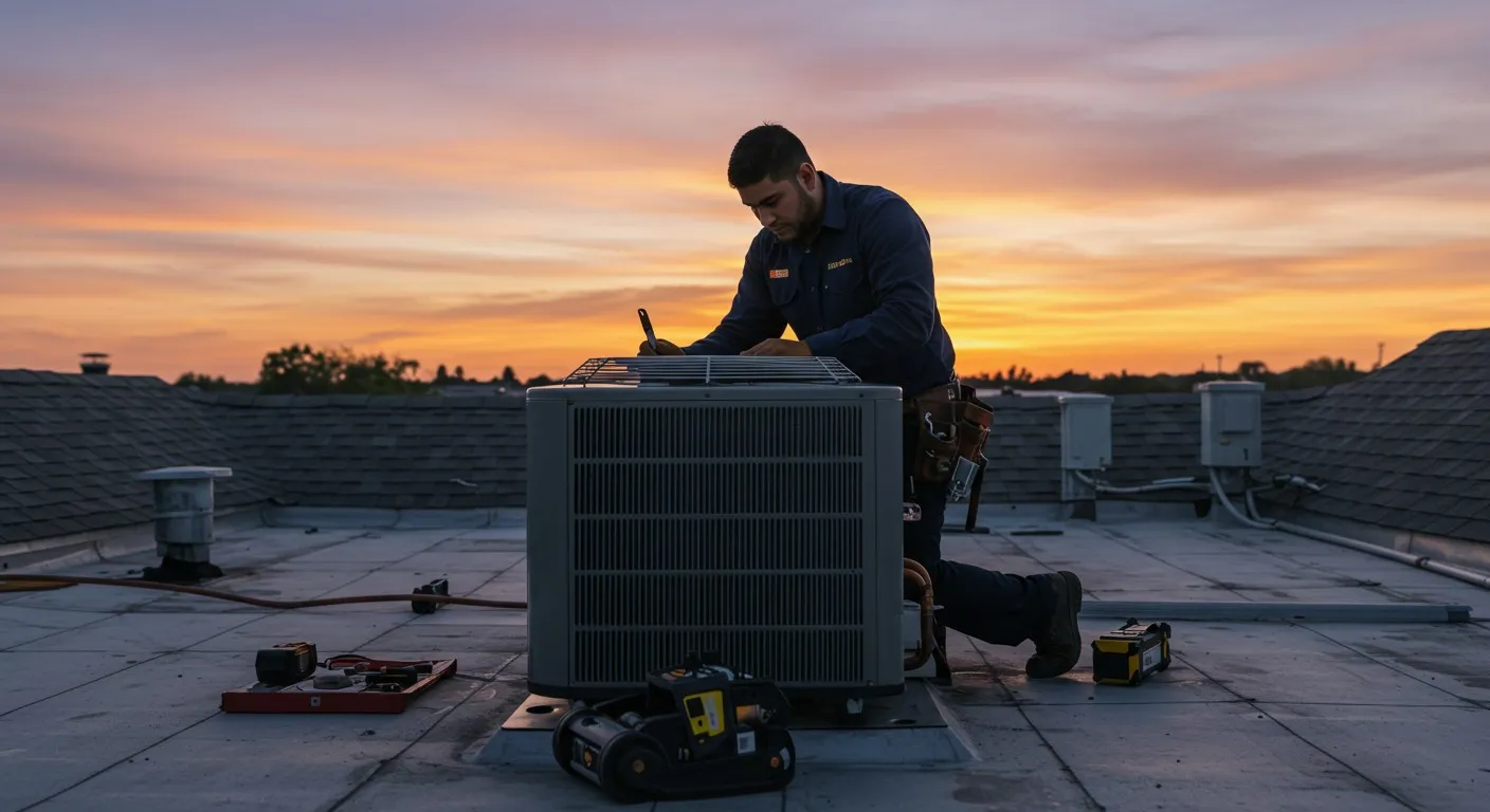 Man repairing rooftop HVAC at sunset.
