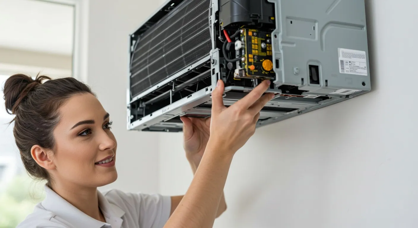 Woman fixes a wall mounted AC.