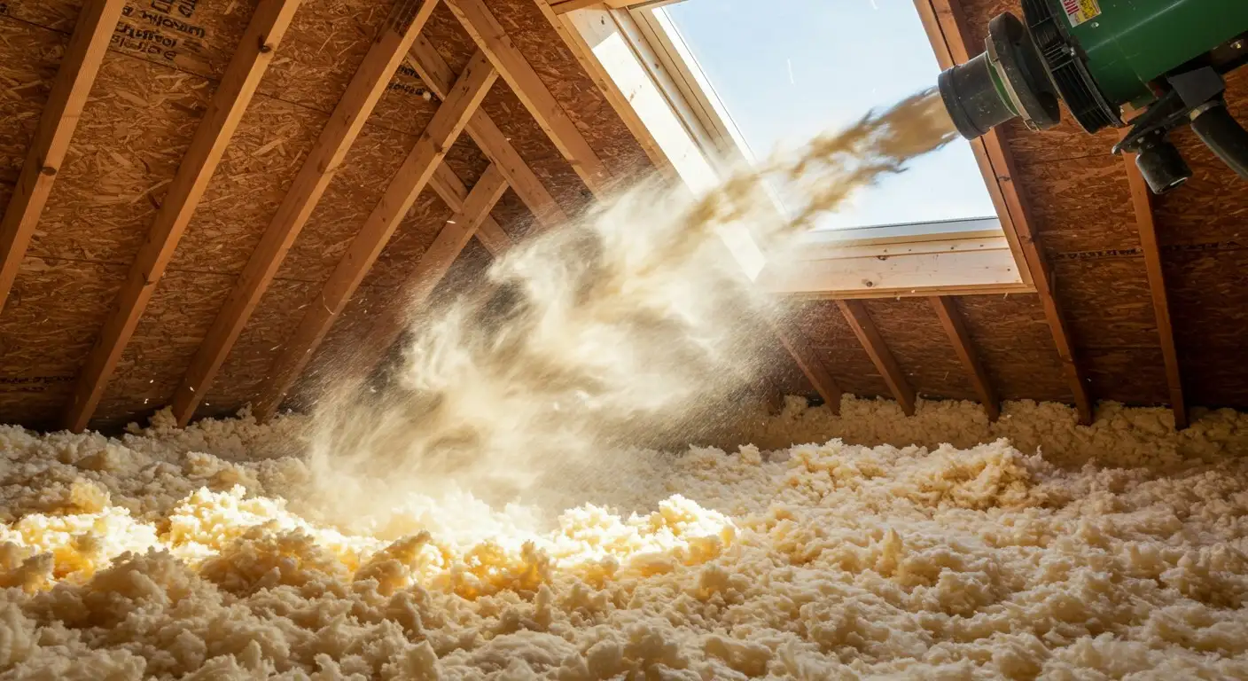 Machine blowing insulation into attic space.