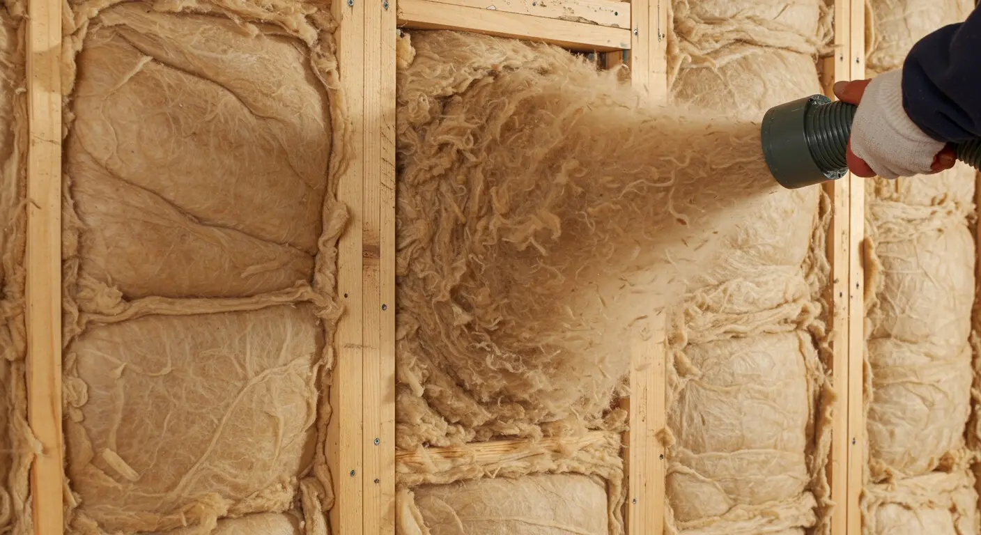 Hand using machine to blow insulation.
