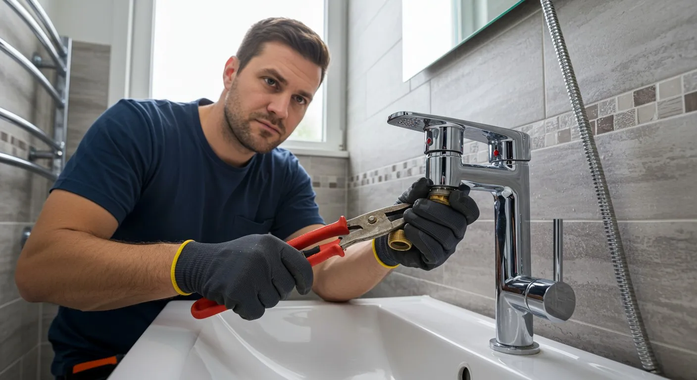 Man uses pliers on bathroom faucet.