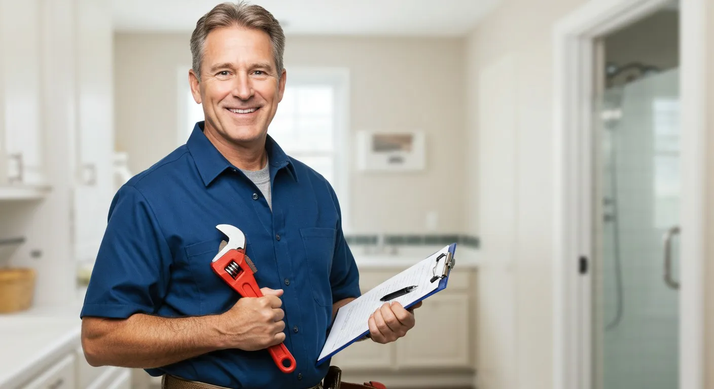 Smiling plumber with clipboard and wrench.