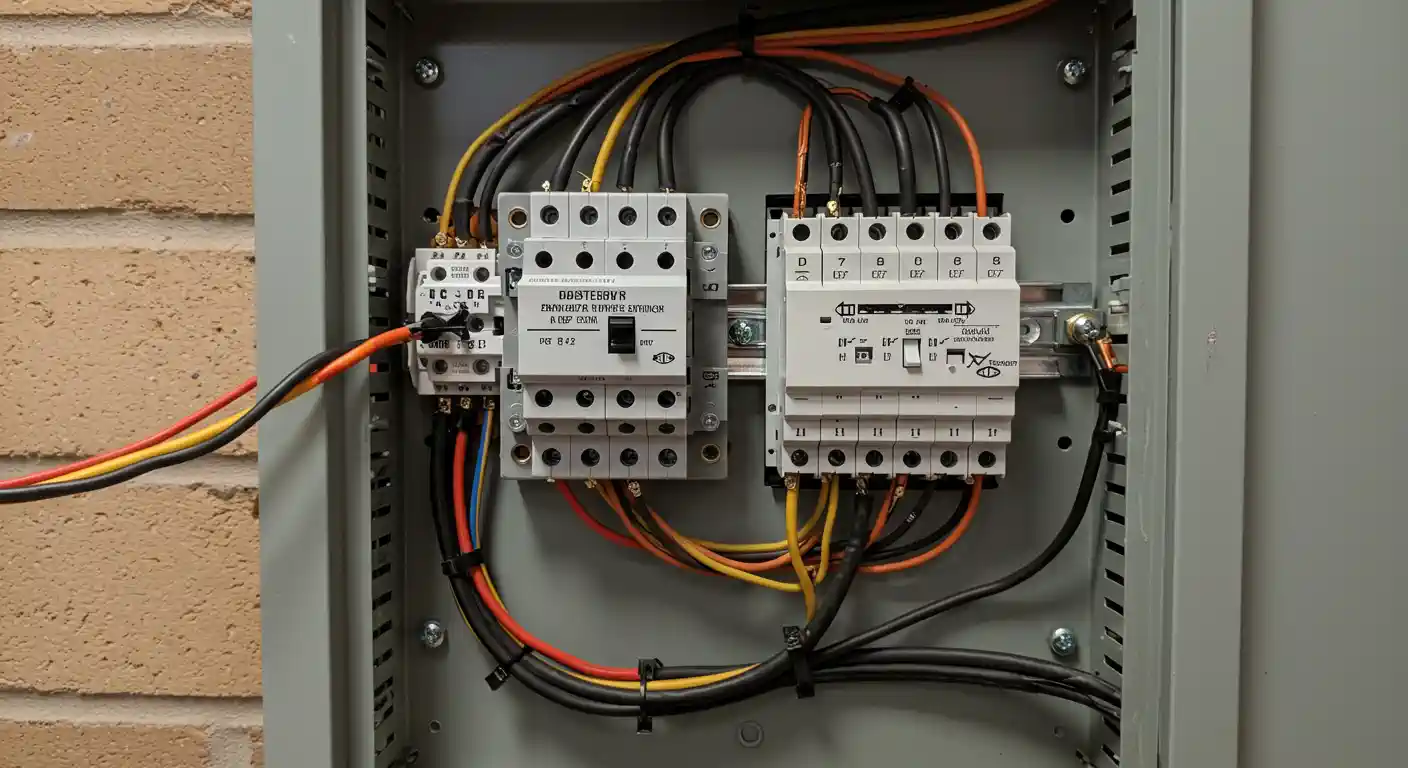 An opened gray electrical panel reveals a complex network of wires and electrical components. The main focus is on two white, rectangular transfer switches or contactors mounted on a metal DIN rail. A multitude of multi-colored wires—black, yellow, red, orange, and blue—are neatly routed and connected to the terminals of the switches using black zip ties. A thick ground wire is bolted to a ground bar on the side of the panel. The background consists of an orange-brown brick wall, indicating the panel is installed outdoors or in a utility space. The image highlights a professional and tidy electrical setup, with all wiring secured and properly terminated.
