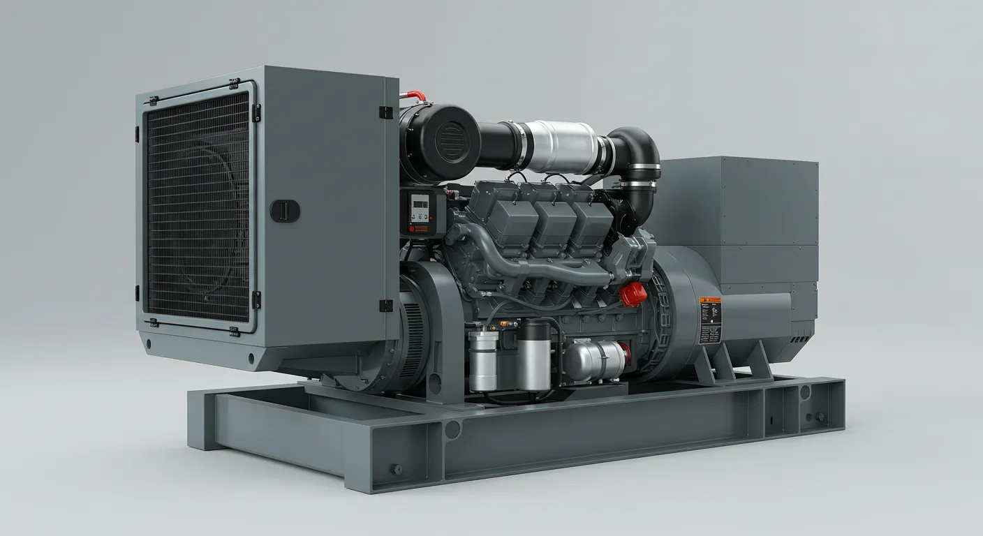 A three-quarter view of a large, industrial backup generator. The machine is a solid gray color and sits on a sturdy metal base.