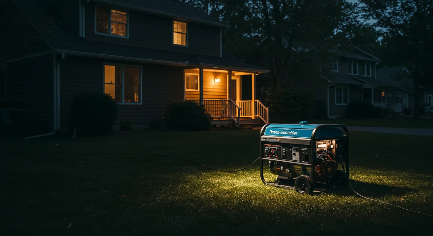 A portable, blue backup generator is running on a grassy lawn at night, casting a bright spotlight on itself and the immediate area.