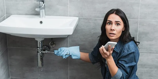 Woman on phone fixes leaky sink.