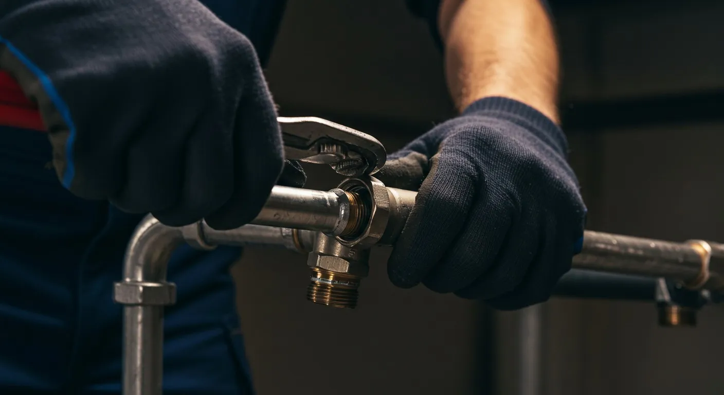 Man fixing plumbing pipe with wrench.